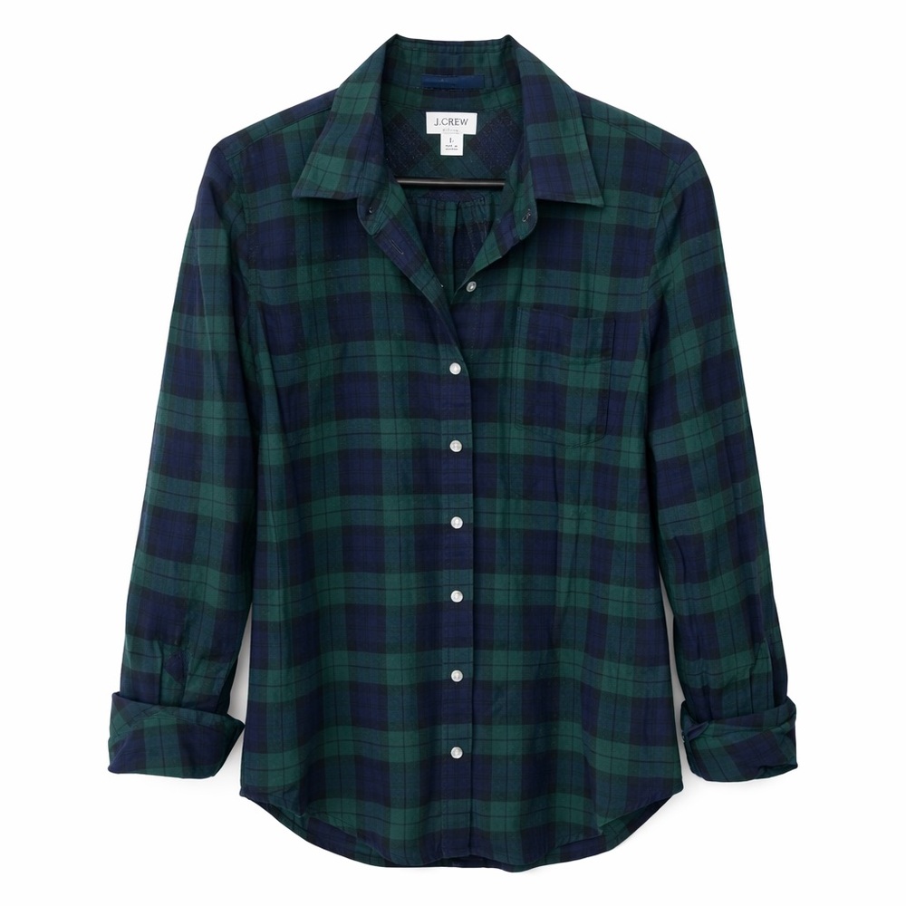 J. Crew Cotton Green and Blue Plaid Button-Up Shirt. Women’s size large